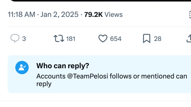 Nancy Pelosi turned off comments on video getting roasted. (Credit: Screenshot/X/https://x.com/TeamPelosi/status/1874852665487950116)