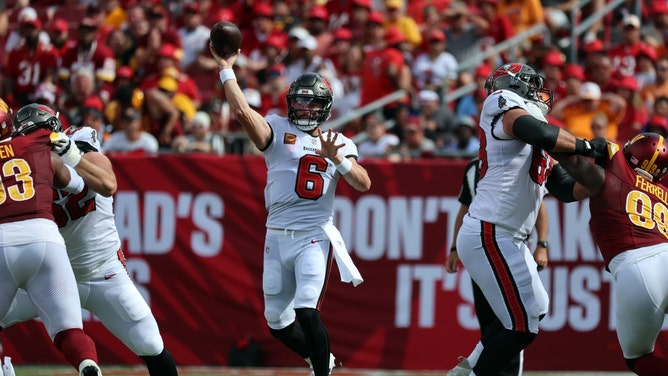 The Tampa Bay Buccaneers host the Washington Commanders Sunday at Raymond James Stadium in the 2025 NFL Wild Card Round. (Photo Credit: Kim Klement Neitzel-Imagn Images)