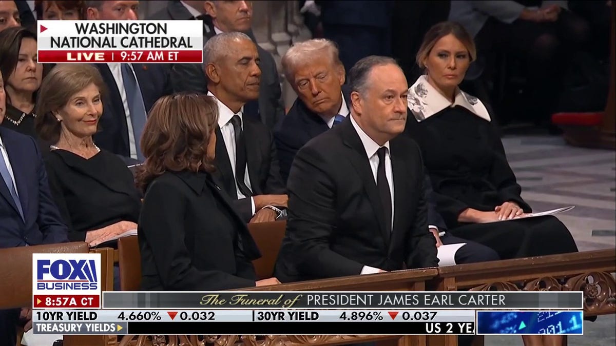 Trump and Obama seated behind VP Kamala Harris